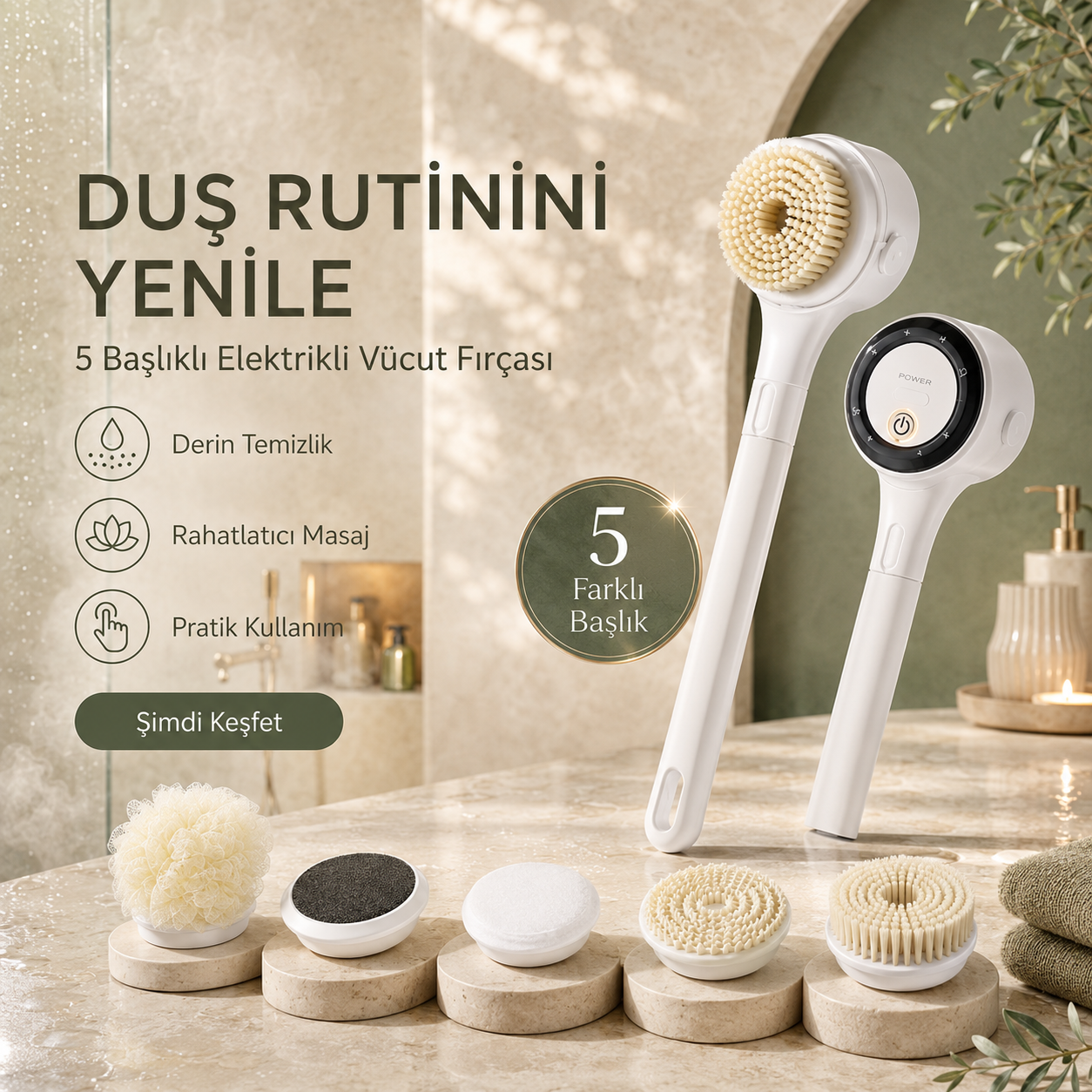 Rolesta® 5 Başlıklı Şarjlı Spa Duş Fırçası