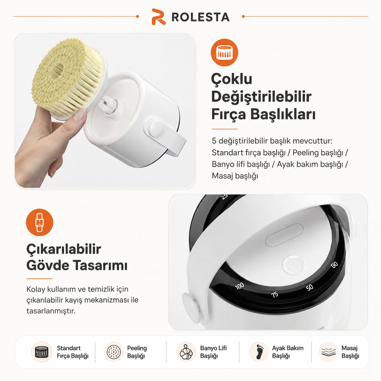 Rolesta® 5 Başlıklı Şarjlı Spa Duş Fırçası